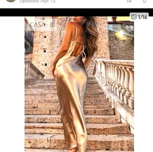 Backless satin gold maxi